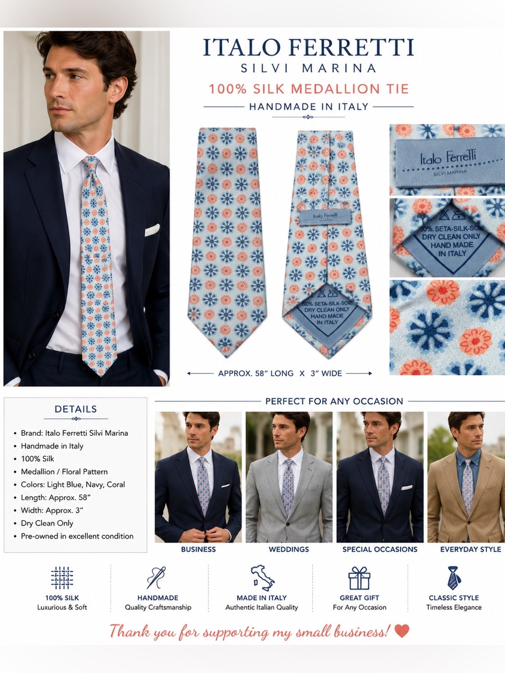 Italo Ferretti Silvi Marina Handmade Italy Silk Medallion Tie Blue Coral 58 X 3”